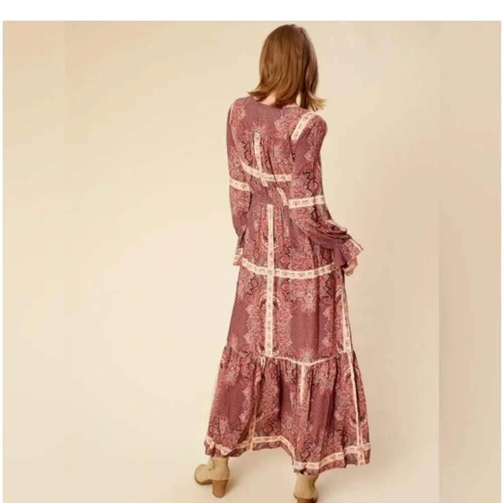 Altar'd State Burgundy and Cream Long Sleeve Dress - Picture 3 of 6